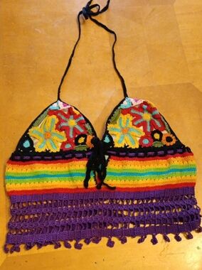 Anna Kosturova Crochet Crop Top — Floral Halter Adjustable At Neck And Back.